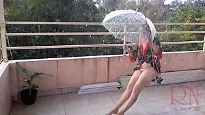 Kinky housewife enjoys public nudity and swinging in the rain