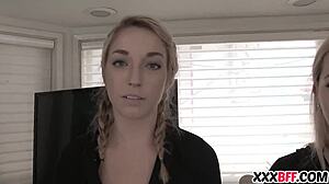 Kleine tiener wordt gestraft door een geile milf in een POV video