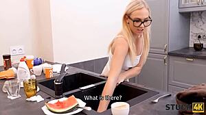 A man with a fetish for forbidden relationships engages in sexual activity with his step-sister, Jenny Wild, in the kitchen